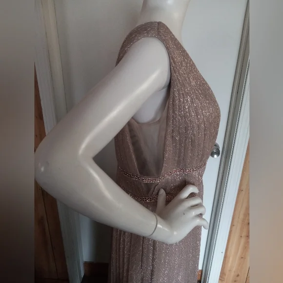 NWOT Cinderella Divine Metalic Gown With Beaded Banded Belt And V-Neckline 18